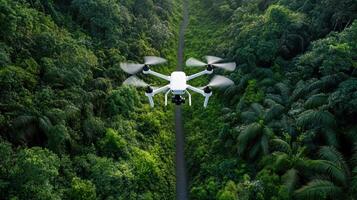 Drone flying over jungle in thailand photo