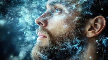 A man with a beard and long hair is looking up photo
