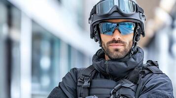 A man in a helmet and sunglasses photo