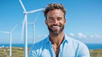 A man with a beard and blue shirt standing in front of wind turbines photo