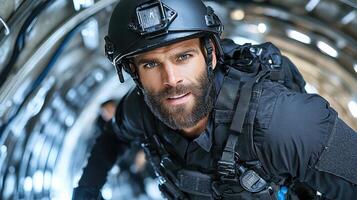A man in a helmet and black jacket is walking through a tunnel photo