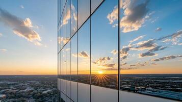 The sun setting over the city from the top of a building photo