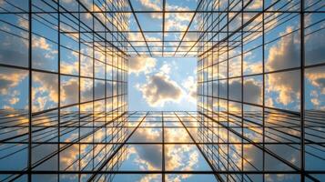 A view of the sky through a glass building photo