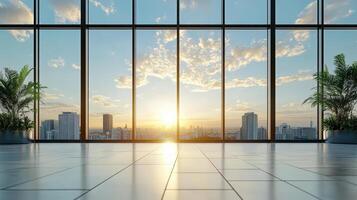 An empty room with large windows and a view of the city photo