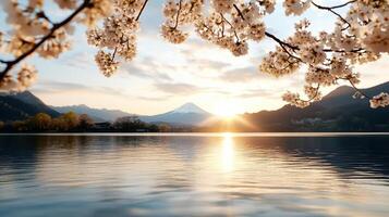 The sun is setting over a lake and flowers are blooming photo