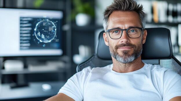 A man in glasses sitting in front of a computer screen photo