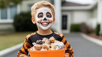 A boy in a halloween costume holding a bucket of candy photo
