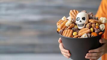 A person holding a bucket of halloween snacks photo