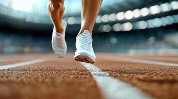 A person running on a track with their shoes on photo