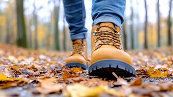 A person wearing boots walking through a forest photo