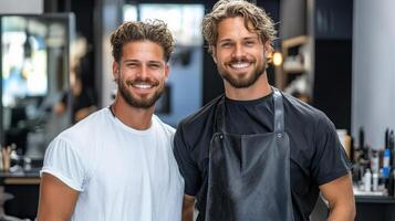Two men in a barber shop smiling photo