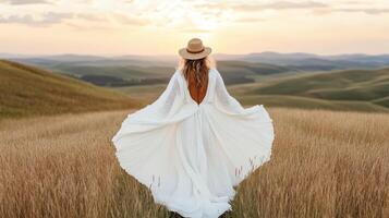 A woman in a white dress walking through a field at sunset photo