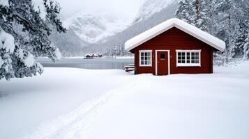 A small red cabin sits in the snow photo