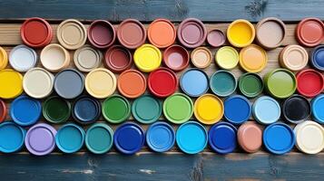 A row of colorful paint cans on a wooden table photo