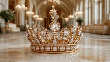 A crown sits on a marble floor in a large room photo