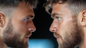 Two men looking at each other in the mirror photo