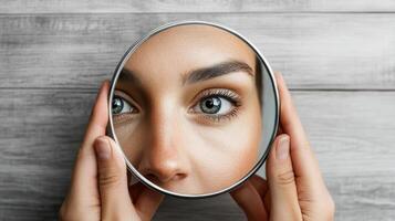 A woman holding a mirror up to her face photo