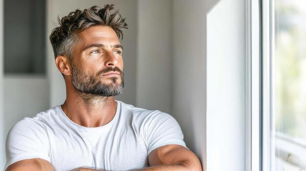 A man with a beard and a white t - shirt is looking out the window photo