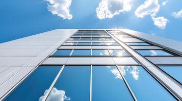 A tall building with windows and a blue sky photo