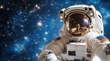 Astronaut pointing at something in space photo