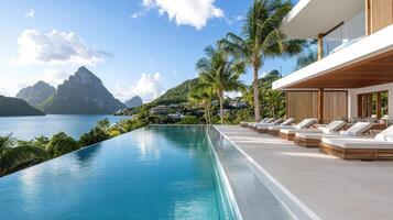 A luxury pool overlooking the ocean and mountains photo