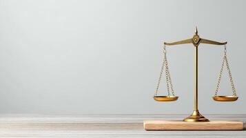 Golden scales on wooden table with copy space photo