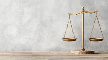 Golden scales on wooden table with gray wall photo