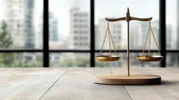 Golden scales on wooden table with cityscape background photo
