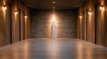 A long hallway with a white dress in the middle photo