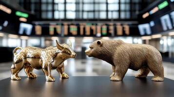 Golden bull and bear statue on a trading floor photo