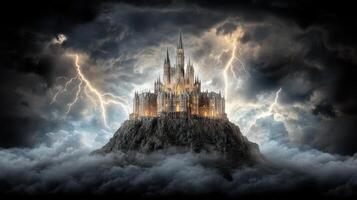 A castle on top of a mountain with lightning and clouds photo
