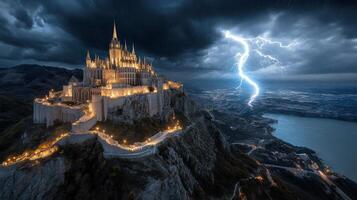 A castle on a mountain with lightning and clouds photo