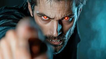 A man with red eyes pointing at something photo