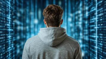 A man in a hoodie looking at a computer screen photo