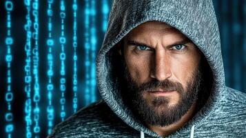 A man in a hoodie with a computer screen behind him photo