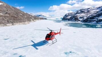 A helicopter is flying over a glacier with snow photo