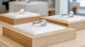 Three diamond rings on display in a jewelry store photo