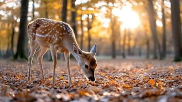 A deer is eating leaves in the woods photo