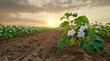 Cotton field with white flowers at sunset photo