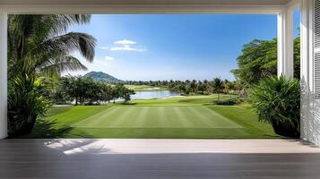 A view of a golf course from an open door photo