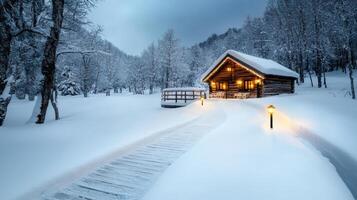 A wooden cabin in the snow with a pathway leading to it photo