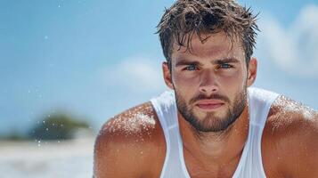 A man in a tank top laying on the beach photo