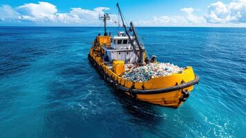 A yellow tug boat in the ocean with a lot of garbage photo
