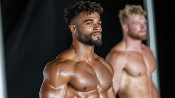 Two men with no shirt on standing next to each other photo
