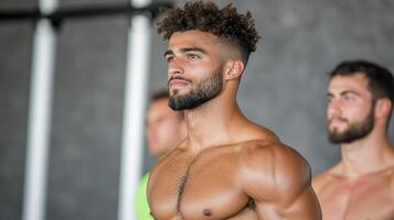A shirtless man standing next to another man photo