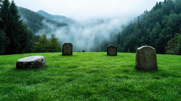Three stone graves in a field with fog photo