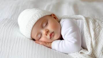 A baby sleeping in a white hat photo
