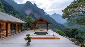 The pool and patio at the resort in china photo