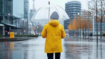A person in a yellow raincoat holding an umbrella photo