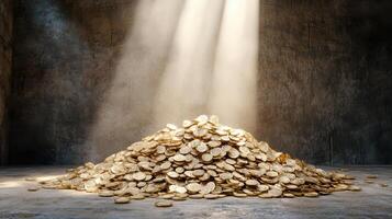 A pile of gold coins in a dark room photo